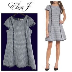 NEW Eliza J Dress Sz 18 1X 2X Tweed Blue Fringe Swing Career Holiday CHIC